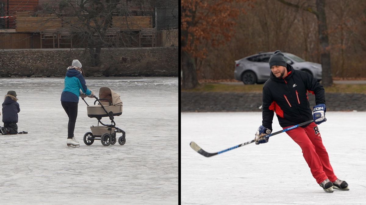 S dětmi i s kočárky. Na pražských rybnících se bruslí, i když led ještě není všude dostatečně silný